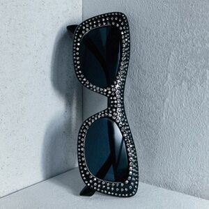 NWT Mango Mng Rhinestone Sunglasses Recycled Materials Black Retro Glam Sexy